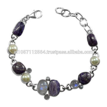 Natural Charoite Pearl &amp; Rainbow Moonstone Piedra preciosa con pulsera de plata esterlina antigua